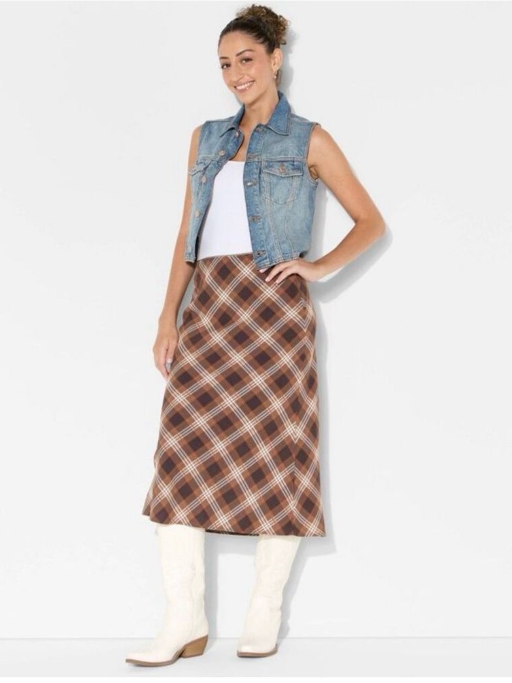Plaid A-Line Midi Skirt in Brown - Picture 5 of 5